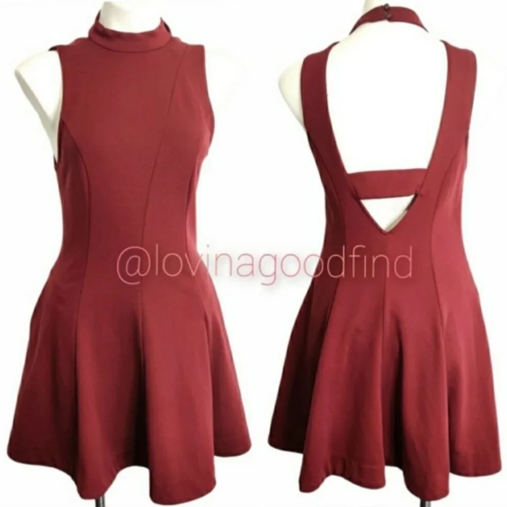 FREE PEOPLE Layla Red Sleeveless Knit Mini Skater POCKET Fit & Flare Dress EUC L